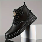 Men's Ankle Boots Black Lace-Up High-Top with Side Zipper Thick Sole – Casual, All Season Wear