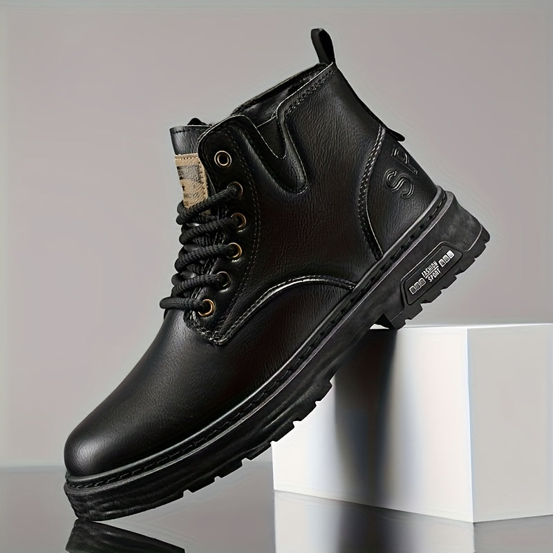 Men's Ankle Boots Black Lace-Up High-Top with Side Zipper Thick Sole – Casual, All Season Wear