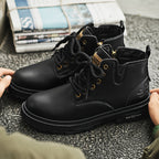 Men's Ankle Boots Black Lace-Up High-Top with Side Zipper Thick Sole – Casual, All Season Wear
