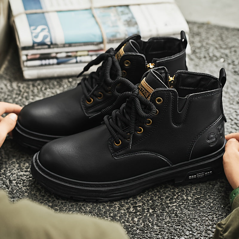 Men's Ankle Boots Black Lace-Up High-Top with Side Zipper Thick Sole – Casual, All Season Wear