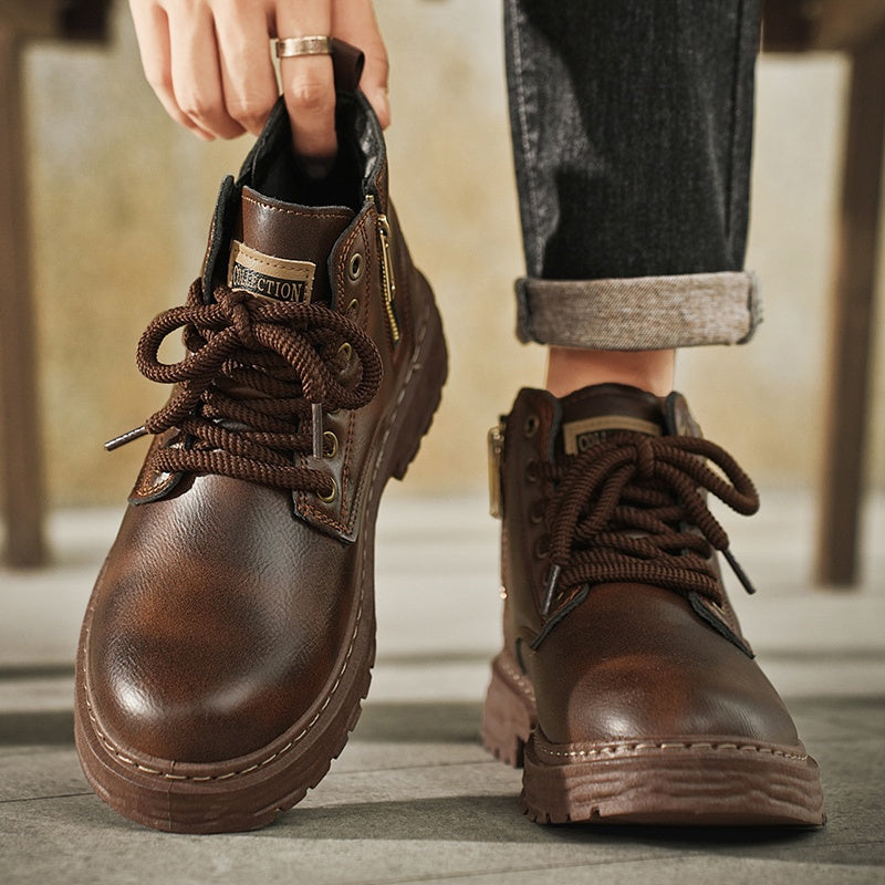 Men's Ankle Boots Black Lace-Up High-Top with Side Zipper Thick Sole – Casual, All Season Wear