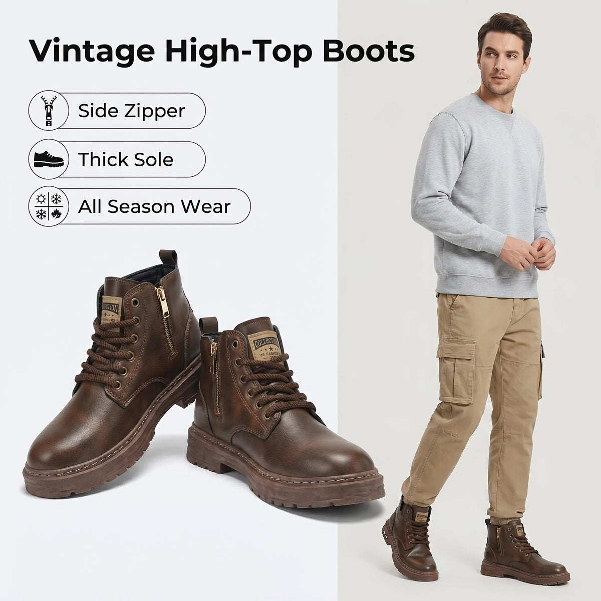 Men's Ankle Boots Black Lace-Up High-Top with Side Zipper Thick Sole – Casual, All Season Wear