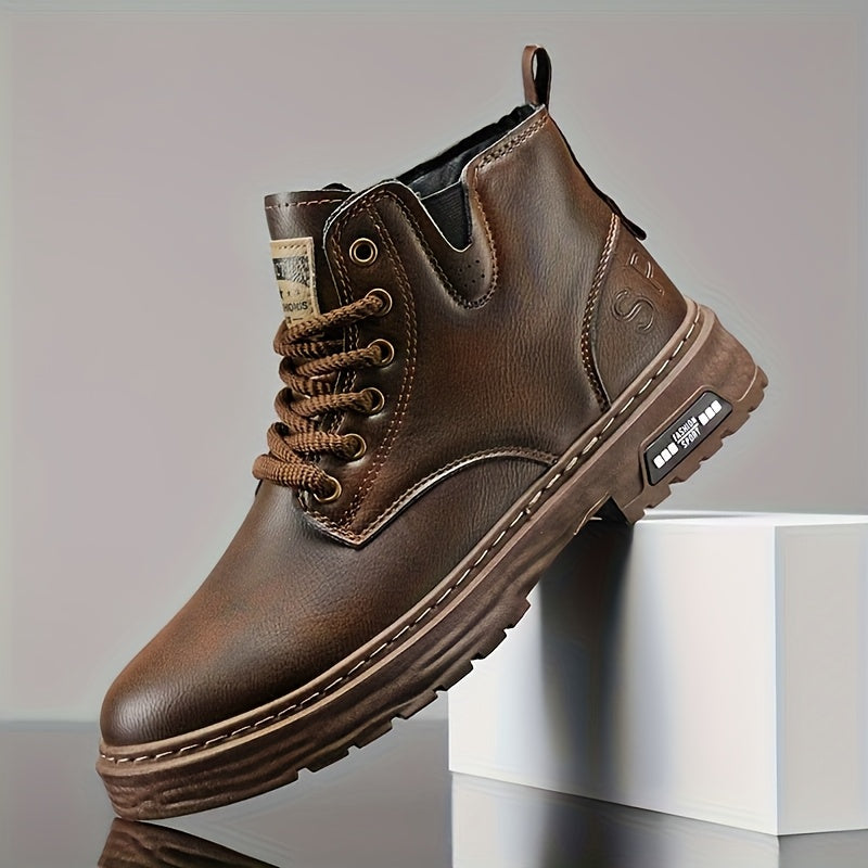 Men's Ankle Boots Black Lace-Up High-Top with Side Zipper Thick Sole – Casual, All Season Wear