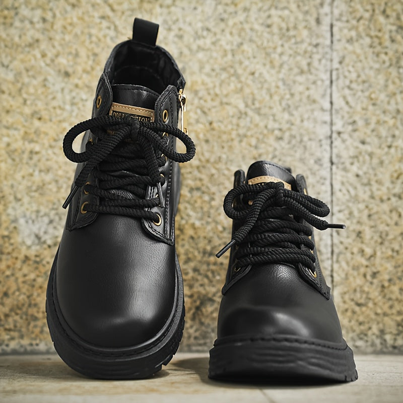 Men's Ankle Boots Black Lace-Up High-Top with Side Zipper Thick Sole – Casual, All Season Wear