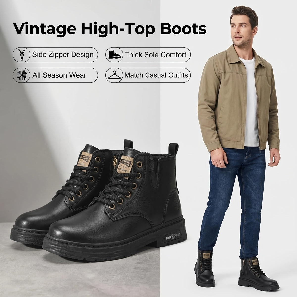 Men's Ankle Boots Black Lace-Up High-Top with Side Zipper Thick Sole – Casual, All Season Wear