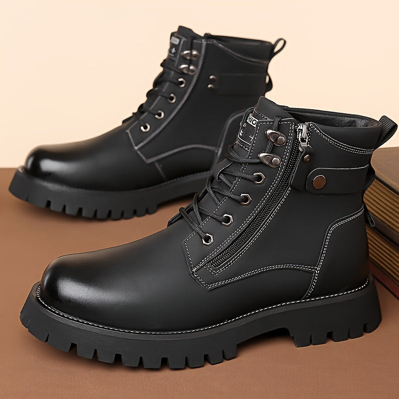 Men's Ankle Boots Black Leather Side-Zip Lace-Up Combat Boots – Casual, Work, Outdoor, Gift