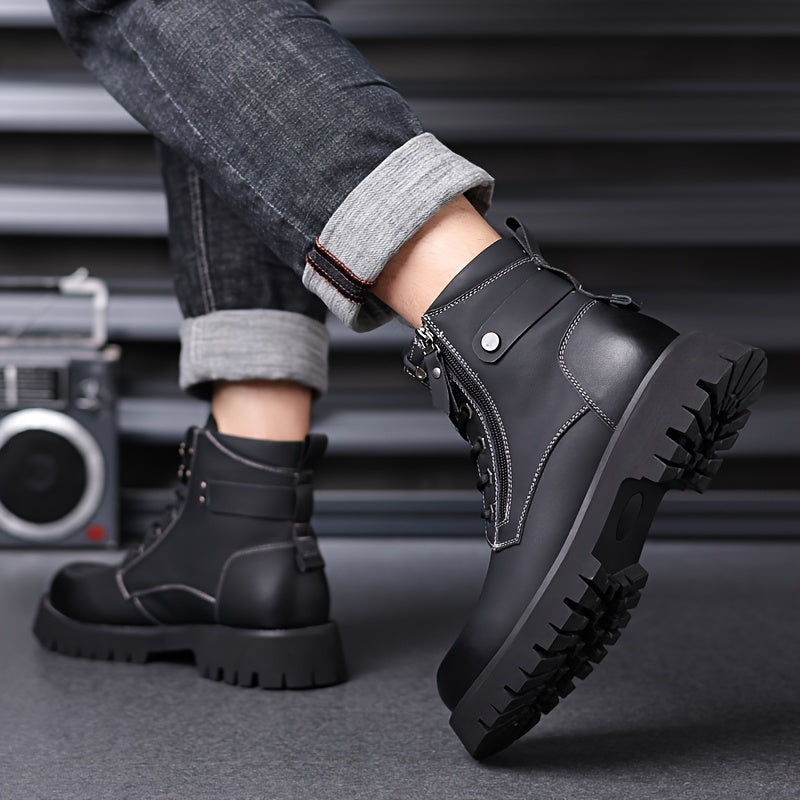 Men's Ankle Boots Black Leather Side-Zip Lace-Up Combat Boots – Casual, Work, Outdoor, Gift
