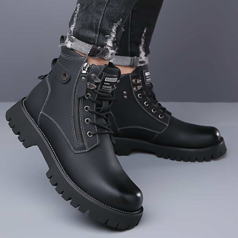 Men's Ankle Boots Black Leather Side-Zip Lace-Up Combat Boots – Casual, Work, Outdoor, Gift