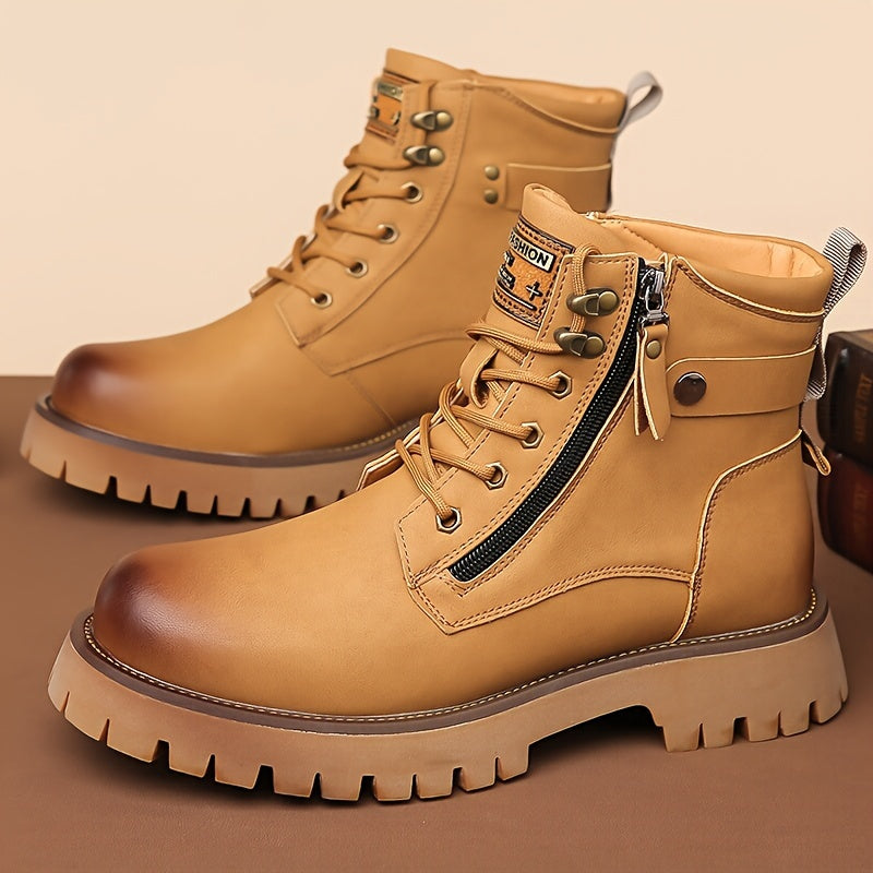 Men's Ankle Boots Black Leather Side-Zip Lace-Up Combat Boots – Casual, Work, Outdoor, Gift