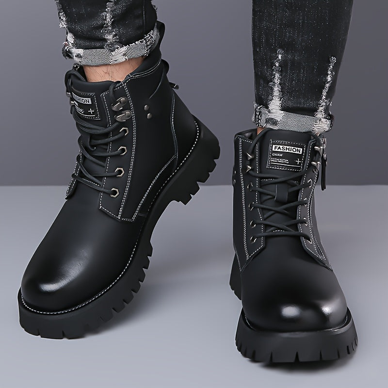 Men's Ankle Boots Black Leather Side-Zip Lace-Up Combat Boots – Casual, Work, Outdoor, Gift