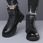 Men's Ankle Boots Black Leather Side-Zip Lace-Up Combat Boots – Casual, Work, Outdoor, Gift