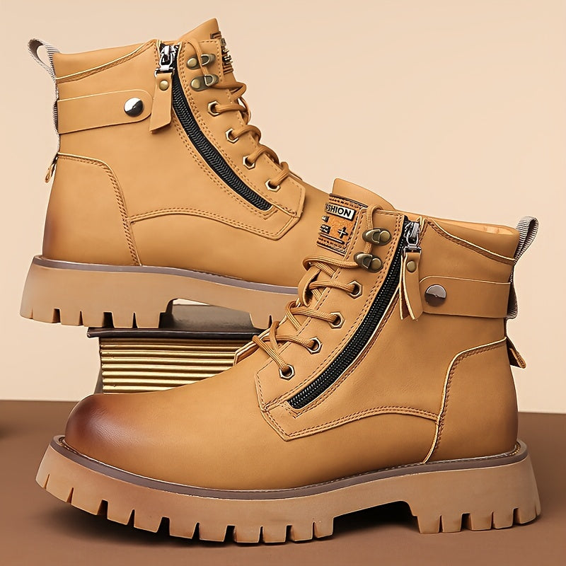 Men's Ankle Boots Black Leather Side-Zip Lace-Up Combat Boots – Casual, Work, Outdoor, Gift