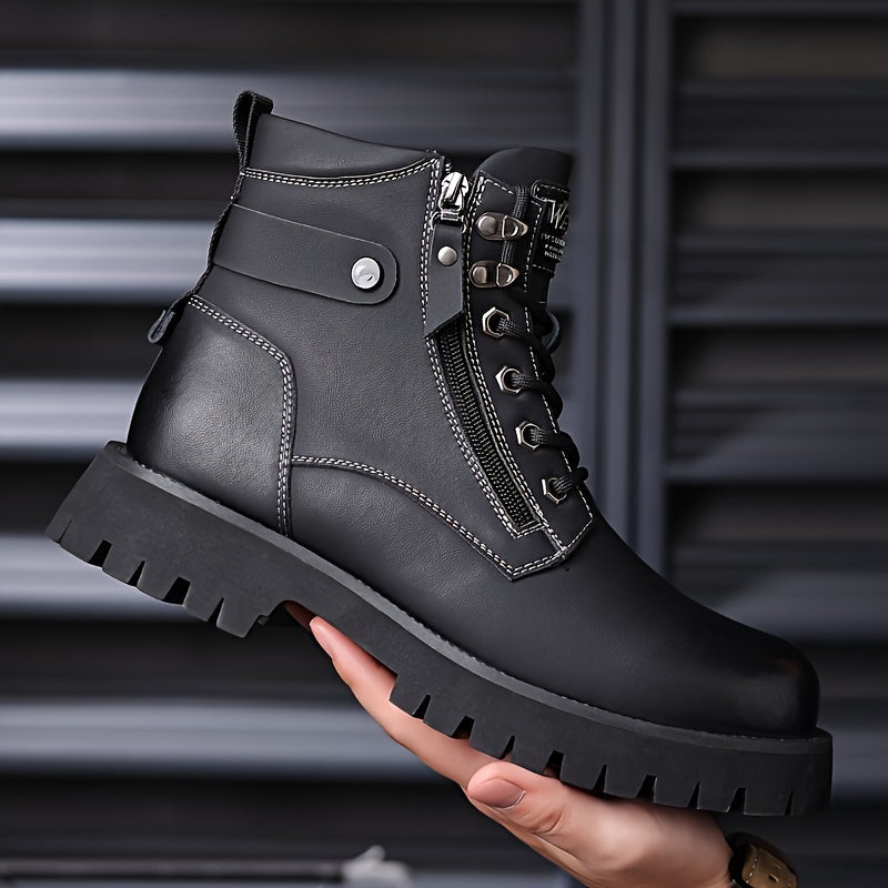 Men's Ankle Boots Black Leather Side-Zip Lace-Up Combat Boots – Casual, Work, Outdoor, Gift