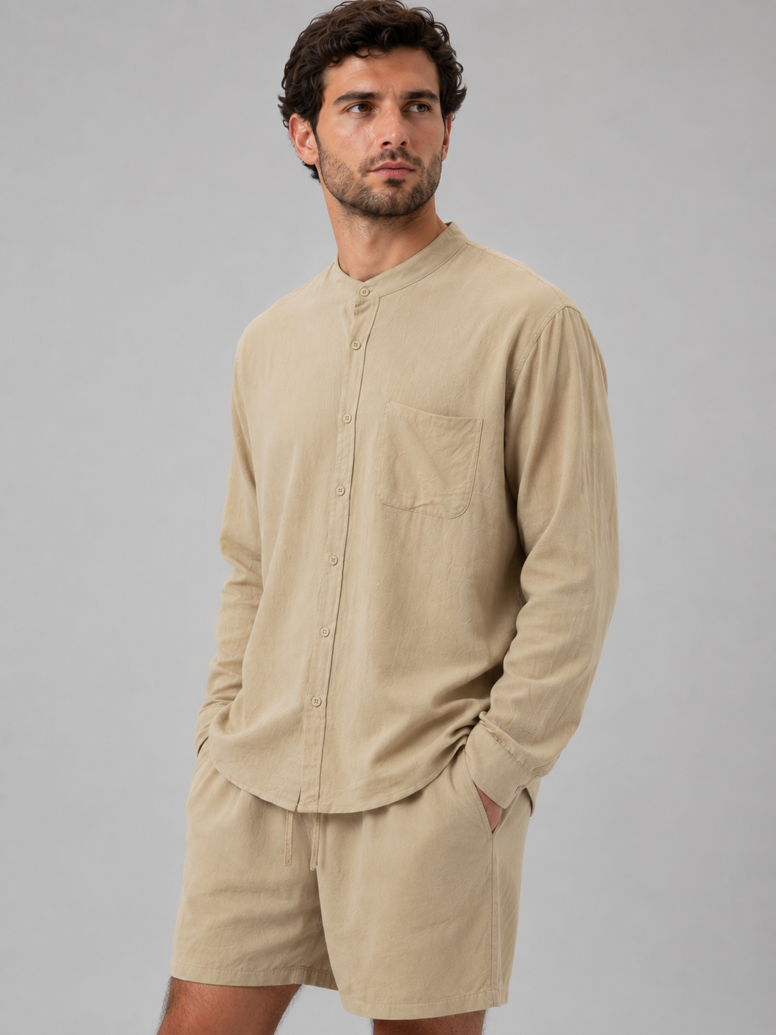Men's Band-Collar Shirt Set | Chest Pocket-Faylori