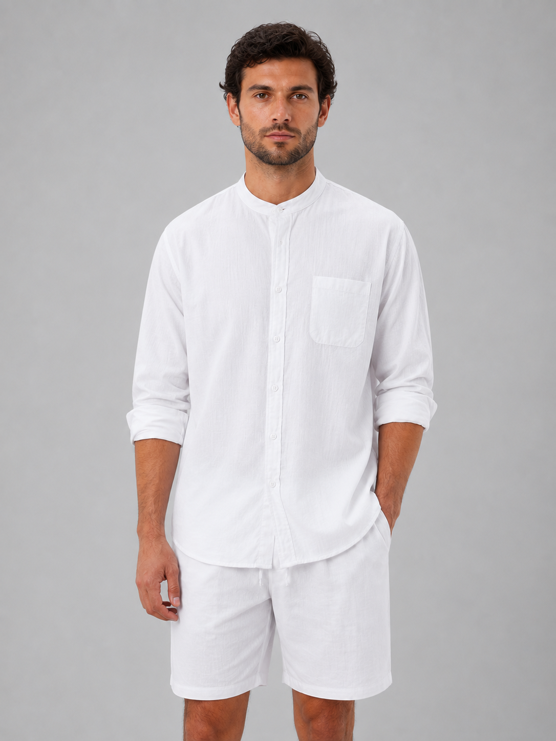 Men's Band-Collar Shirt Set | Chest Pocket-Faylori