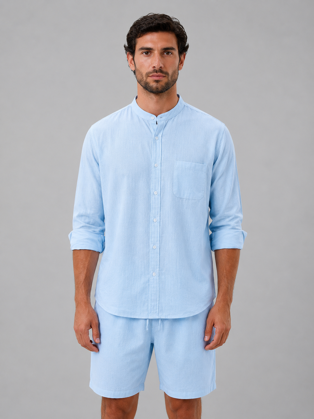 Men's Band-Collar Shirt Set | Chest Pocket-Faylori