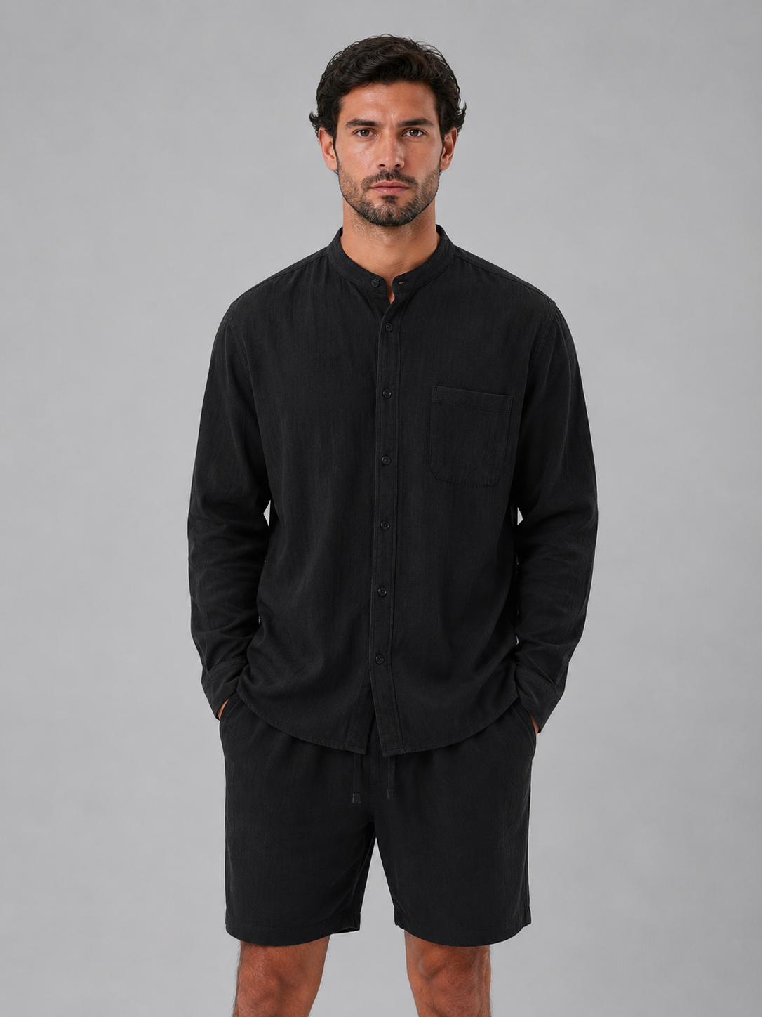 Men's Band-Collar Shirt Set | Chest Pocket-Faylori