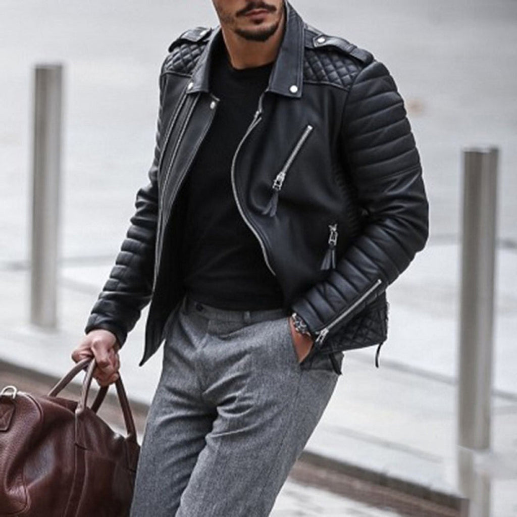 Men's Biker Jacket | Quilted Shoulders-Faylori