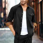 Men's Button-Front Overshirt Navy Long Sleeve Chest Pocket – Casual, Office, Everyday, Layering, Gift