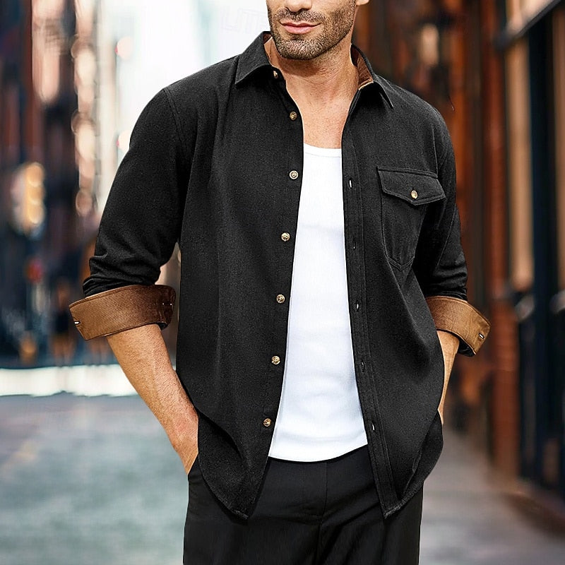 Men's Button-Front Overshirt Navy Long Sleeve Chest Pocket – Casual, Office, Everyday, Layering, Gift