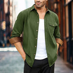 Men's Button-Front Overshirt Navy Long Sleeve Chest Pocket – Casual, Office, Everyday, Layering, Gift