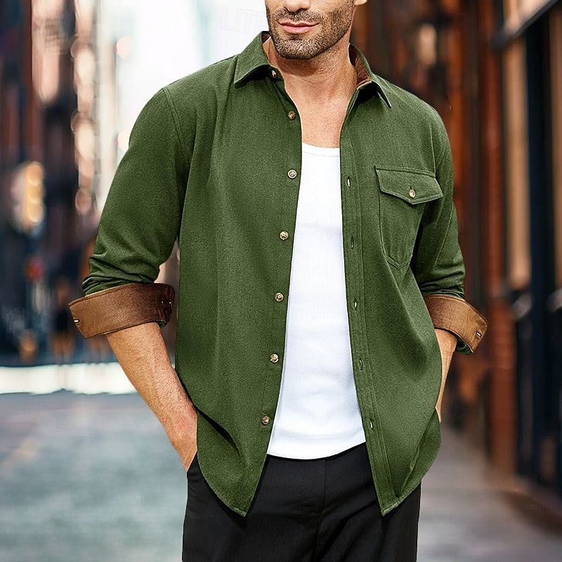 Men's Button-Front Overshirt Navy Long Sleeve Chest Pocket – Casual, Office, Everyday, Layering, Gift