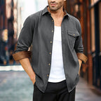Men's Button-Front Overshirt Navy Long Sleeve Chest Pocket – Casual, Office, Everyday, Layering, Gift