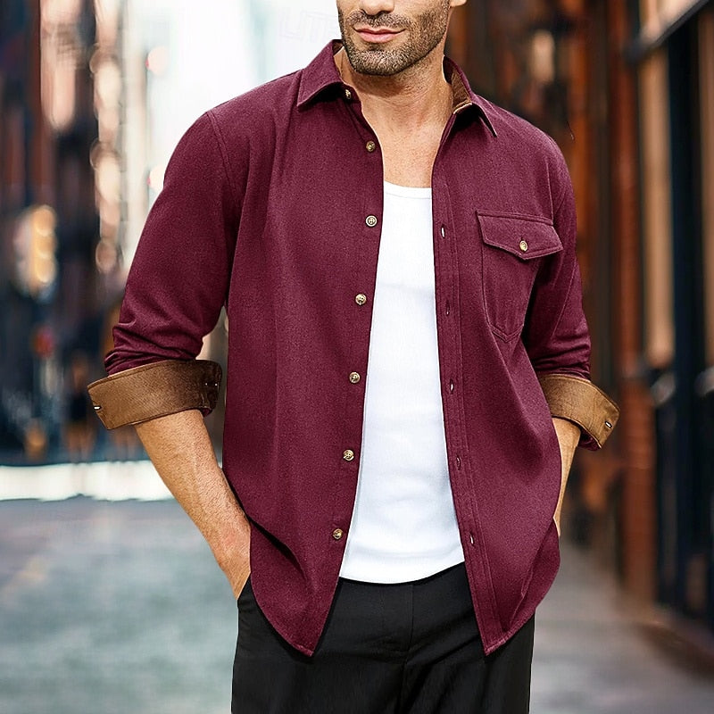 Men's Button-Front Overshirt Navy Long Sleeve Chest Pocket – Casual, Office, Everyday, Layering, Gift