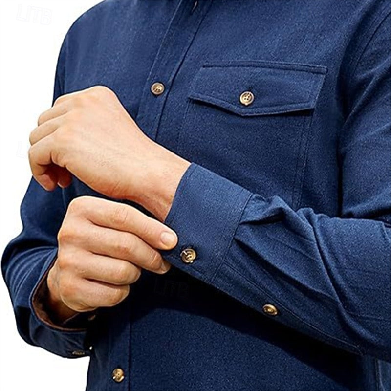 Men's Button-Front Overshirt Navy Long Sleeve Chest Pocket – Casual, Office, Everyday, Layering, Gift