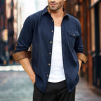 Men's Button-Front Overshirt Navy Long Sleeve Chest Pocket – Casual, Office, Everyday, Layering, Gift