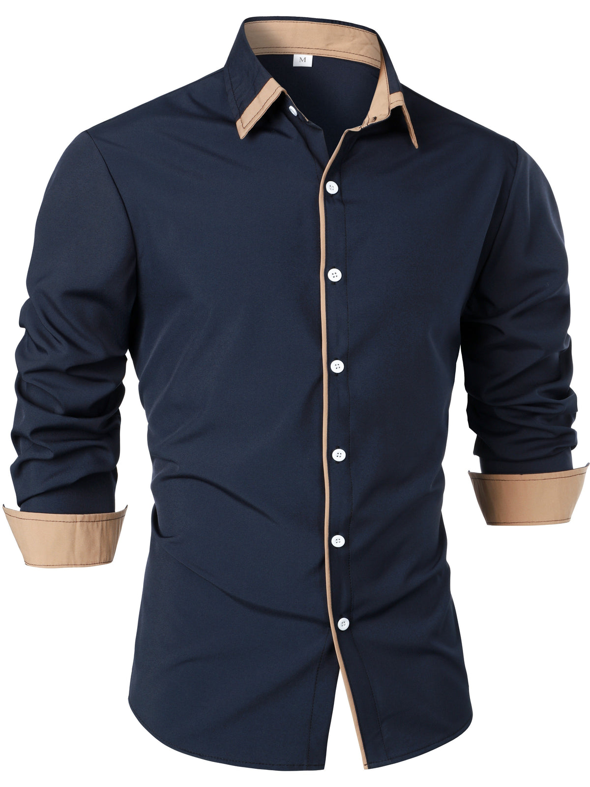 Men's Button-Up Shirt Long Sleeve Black Contrast-Trim Collar – Casual, Office, Holiday, Gift