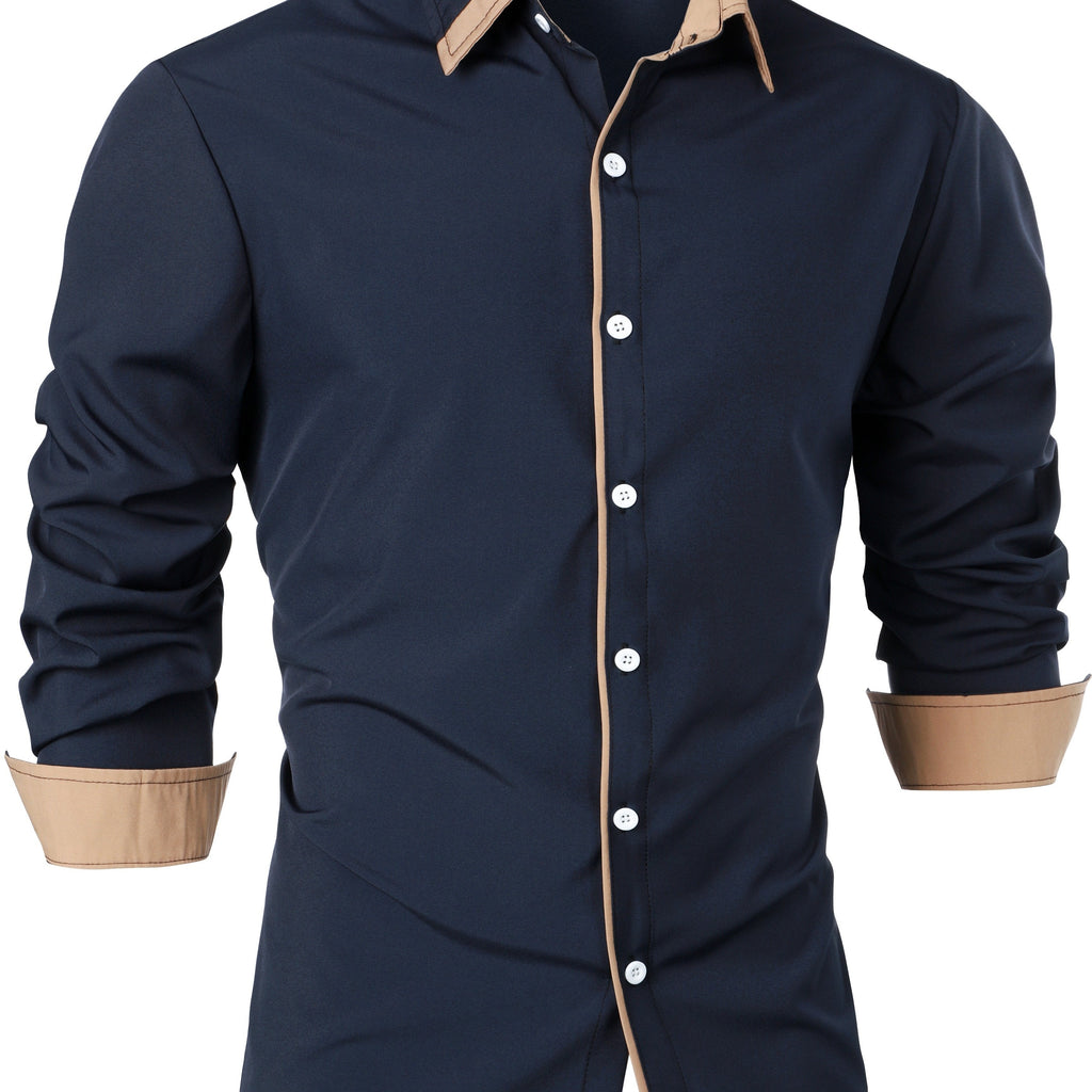Men's Button-Up Shirt Long Sleeve Black Contrast-Trim Collar – Casual, Office, Holiday, Gift