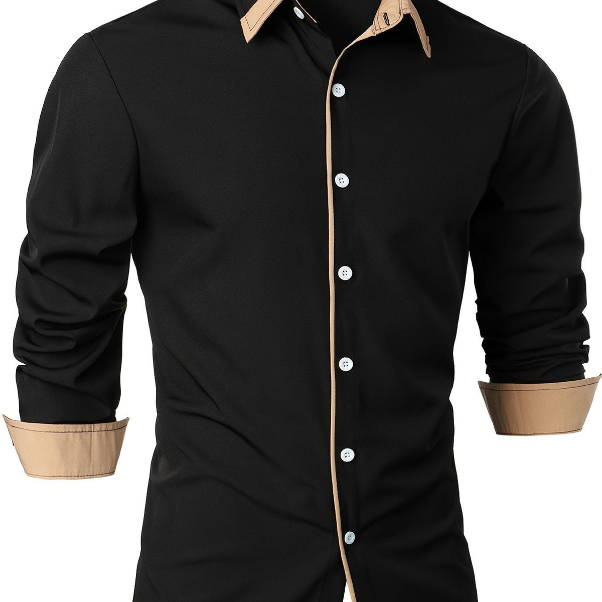 Men's Button-Up Shirt Long Sleeve Black Contrast-Trim Collar – Casual, Office, Holiday, Gift