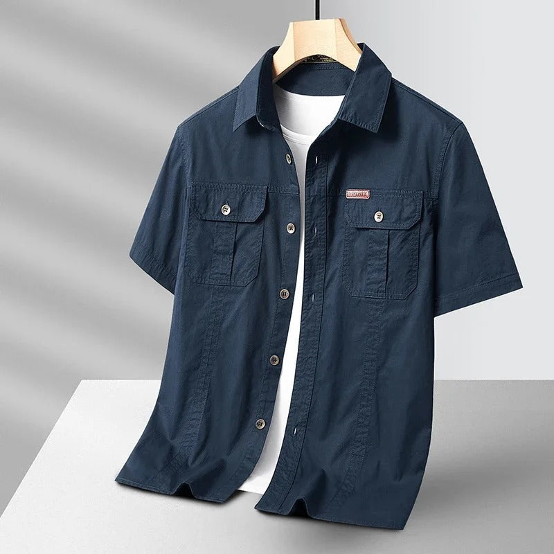 Men's Cargo Shirt Short-Sleeve Cotton Army Green Button-Up with Chest Pockets – Casual, Office, Outdoor