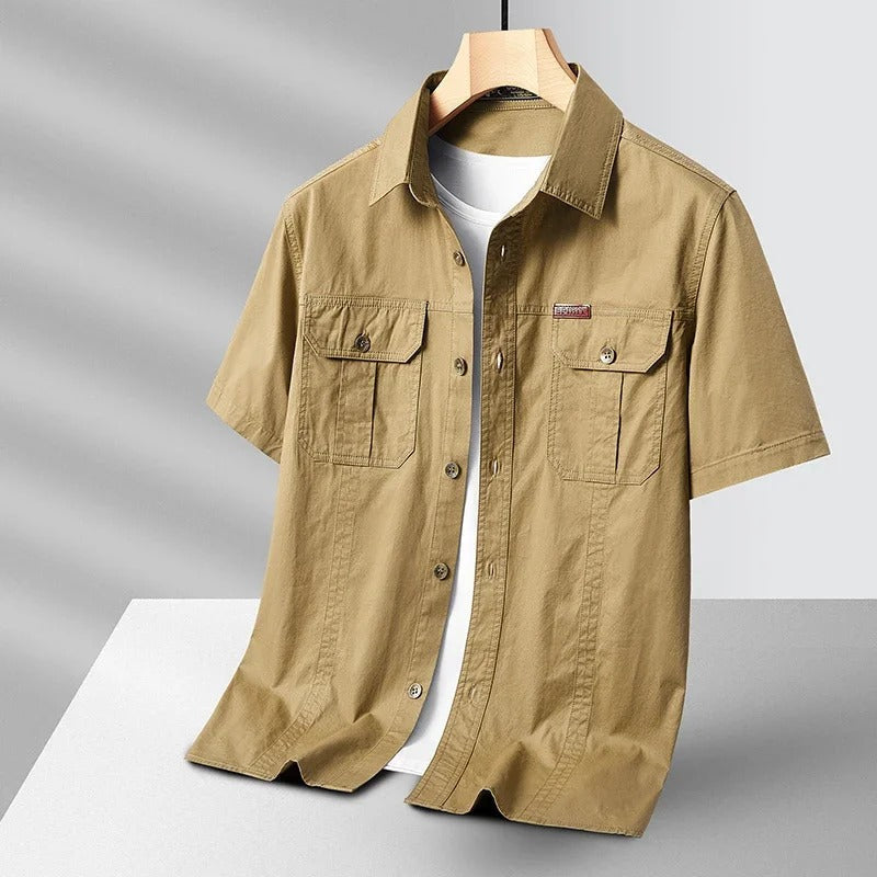 Men's Cargo Shirt Short-Sleeve Cotton Army Green Button-Up with Chest Pockets – Casual, Office, Outdoor