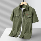 Men's Cargo Shirt Short-Sleeve Cotton Army Green Button-Up with Chest Pockets – Casual, Office, Outdoor