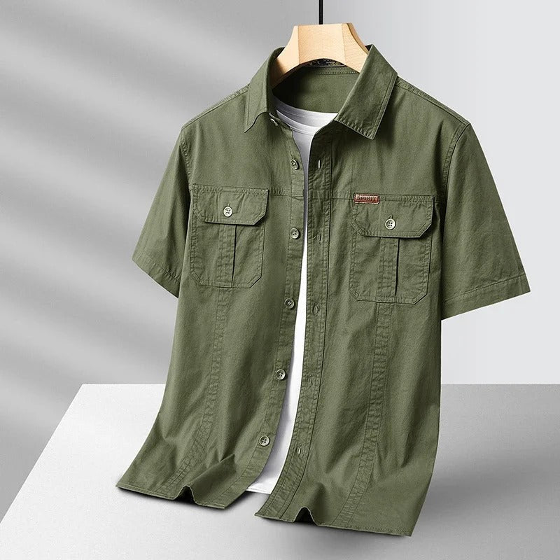 Men's Cargo Shirt Short-Sleeve Cotton Army Green Button-Up with Chest Pockets – Casual, Office, Outdoor