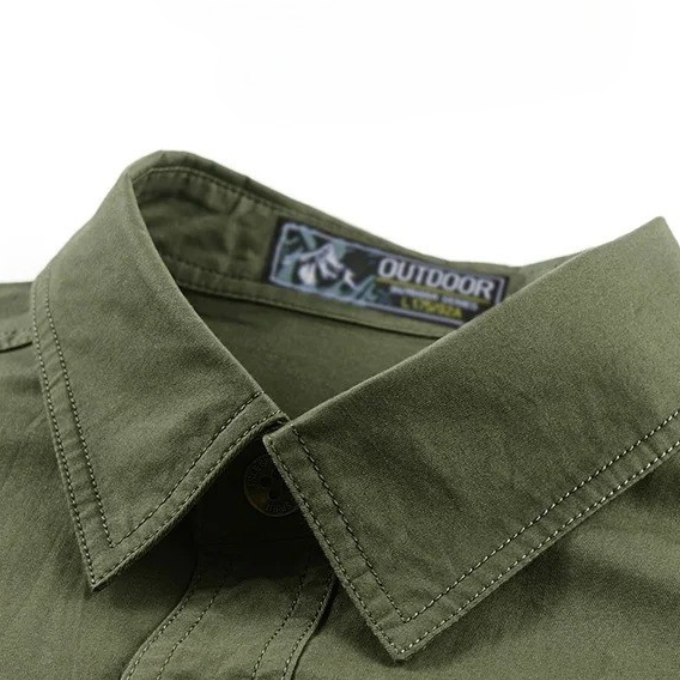 Men's Cargo Shirt Short-Sleeve Cotton Army Green Button-Up with Chest Pockets – Casual, Office, Outdoor