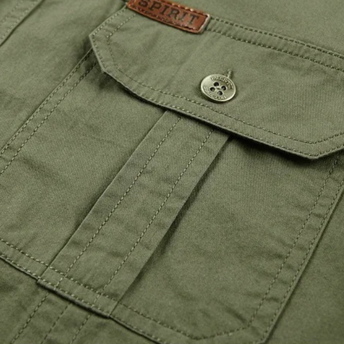 Men's Cargo Shirt Short-Sleeve Cotton Army Green Button-Up with Chest Pockets – Casual, Office, Outdoor