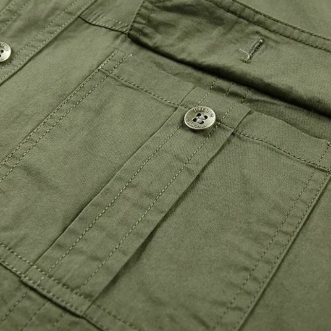 Men's Cargo Shirt Short-Sleeve Cotton Army Green Button-Up with Chest Pockets – Casual, Office, Outdoor