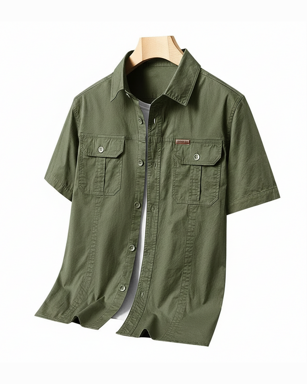 Men's Cargo Shirt Short-Sleeve Cotton Army Green Button-Up with Chest Pockets – Casual, Office, Outdoor