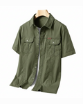 Men's Cargo Shirt Short-Sleeve Cotton Army Green Button-Up with Chest Pockets – Casual, Office, Outdoor