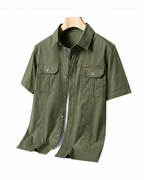 Men's Cargo Shirt Short-Sleeve Cotton Army Green Button-Up with Chest Pockets – Casual, Office, Outdoor