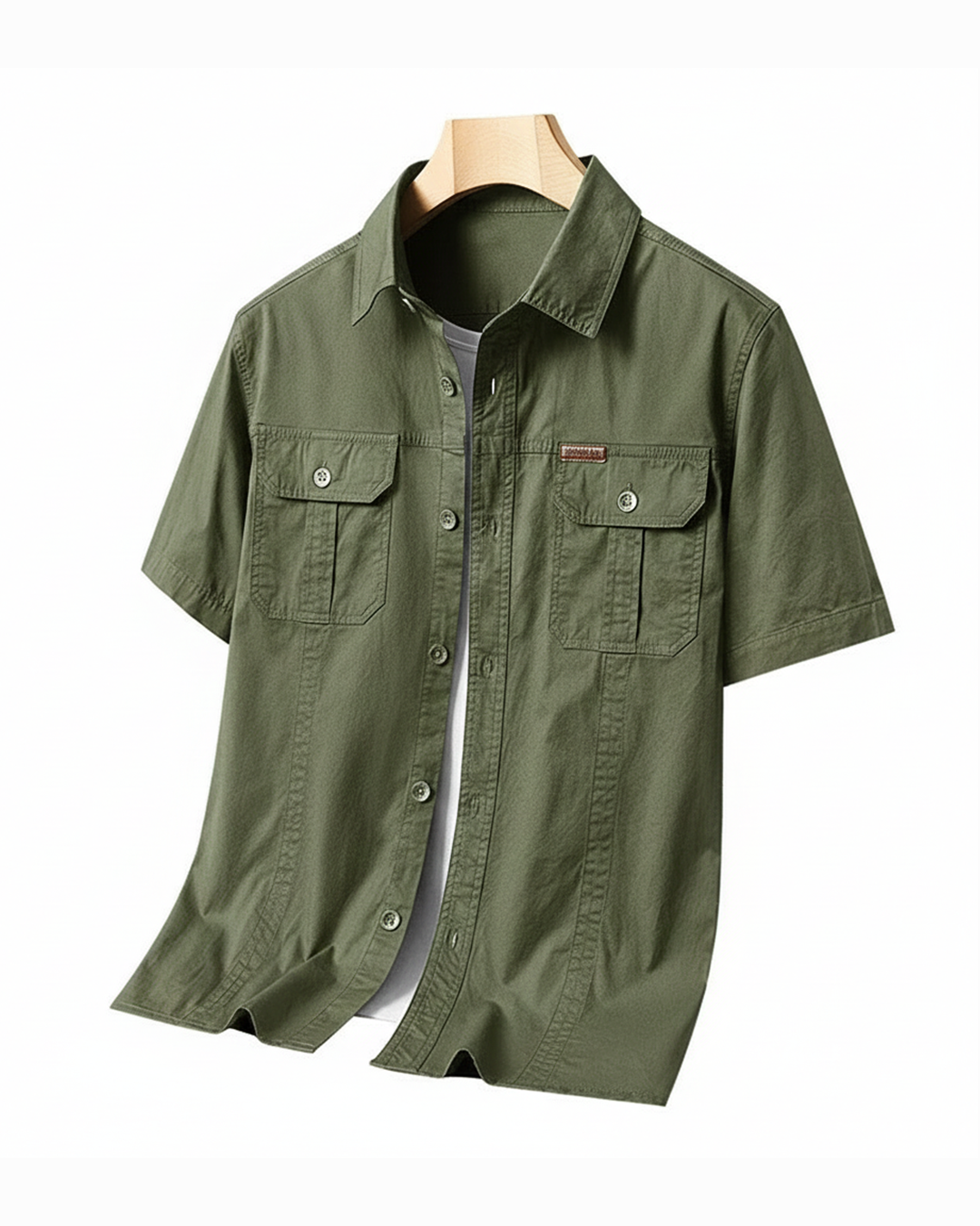Men's Cargo Shirt Short-Sleeve Cotton Army Green Button-Up with Chest Pockets – Casual, Office, Outdoor