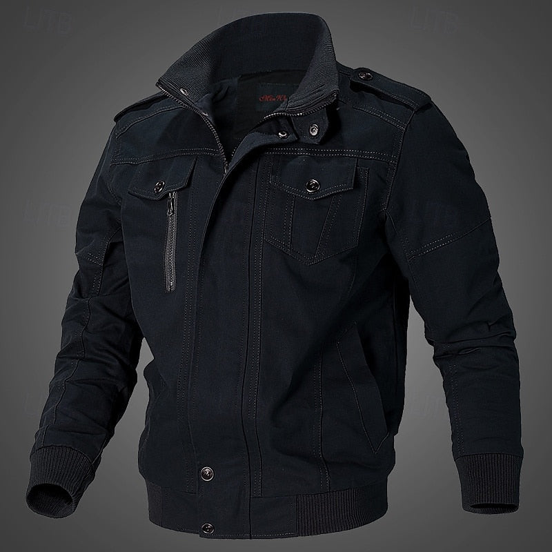 Men's Cotton Field Jacket Khaki Stand Collar Zip-Up Bomber – Casual, Office · Faylori