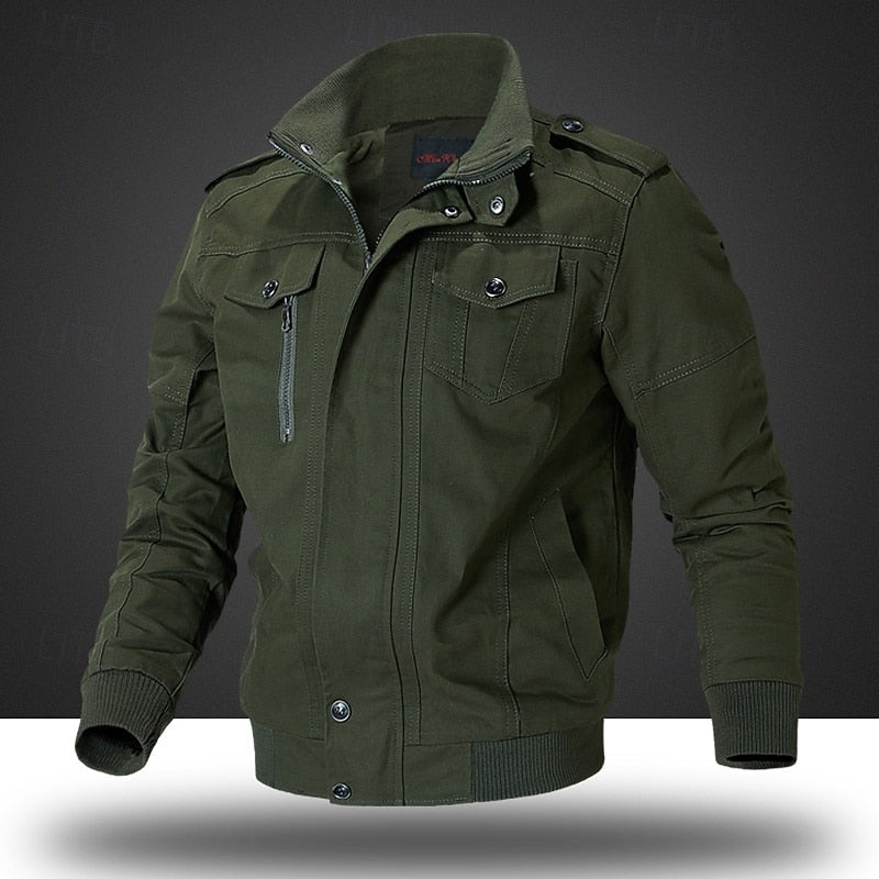 Men's Cotton Field Jacket Khaki Stand Collar Zip-Up Bomber – Casual, Office · Faylori