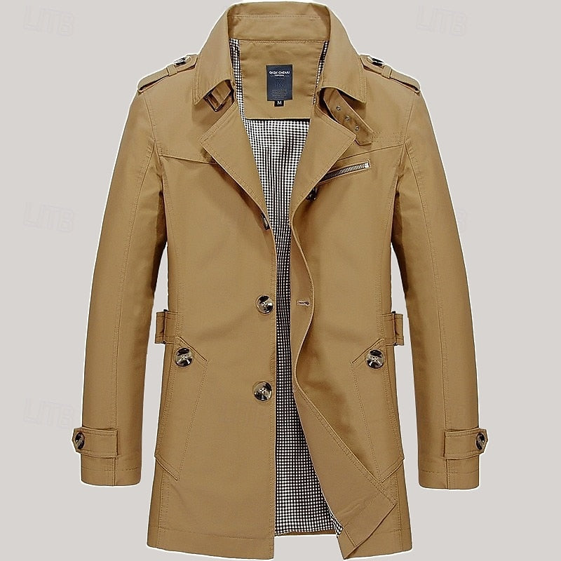 Men's Cotton Trench Coat Single-Breasted Notch Lapel Mid-Length Jacket – Casual, Office