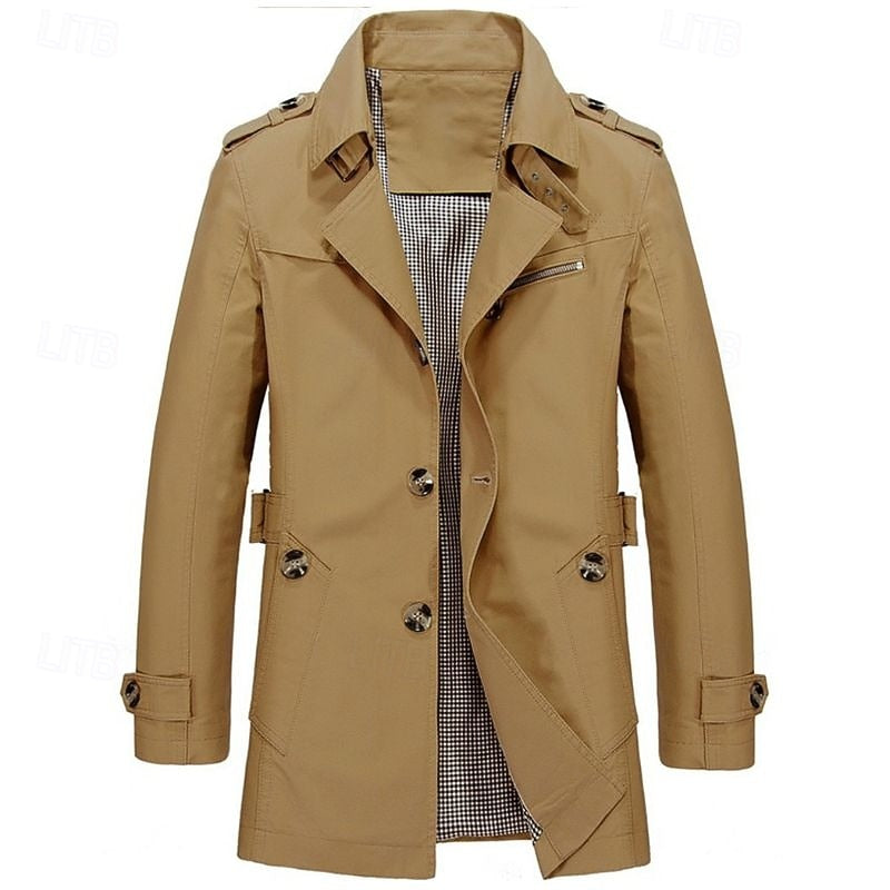 Men's Cotton Trench Coat Single-Breasted Notch Lapel Mid-Length Jacket – Casual, Office