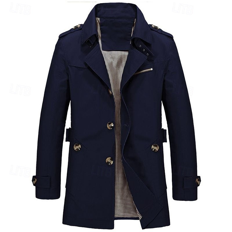 Men's Cotton Trench Coat Single-Breasted Notch Lapel Mid-Length Jacket – Casual, Office