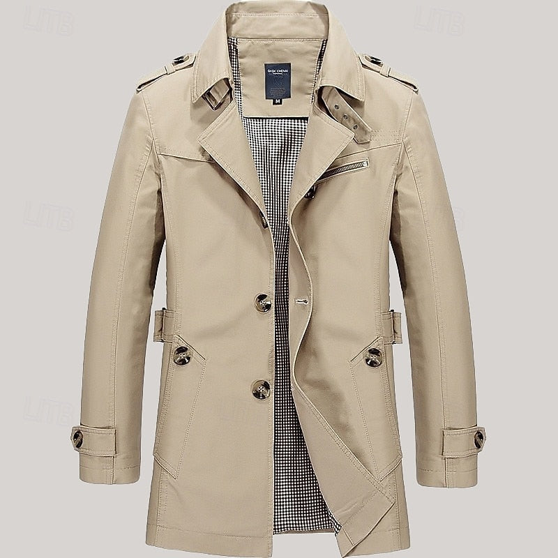 Men's Cotton Trench Coat Single-Breasted Notch Lapel Mid-Length Jacket – Casual, Office
